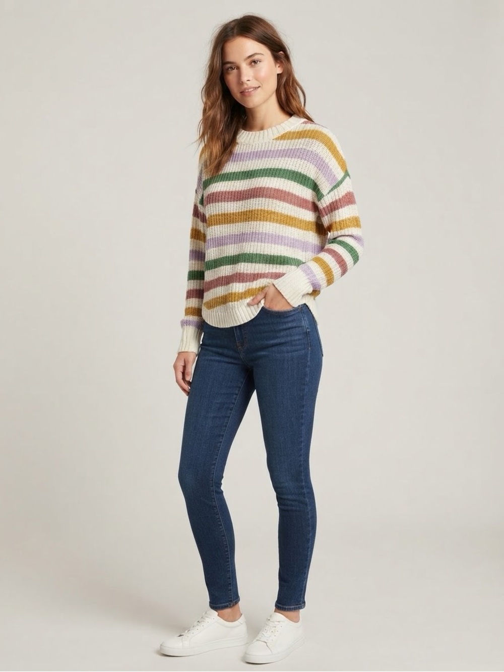 SO Cream Sweater with Green, Mustard, Lavender, and Rose Stripes